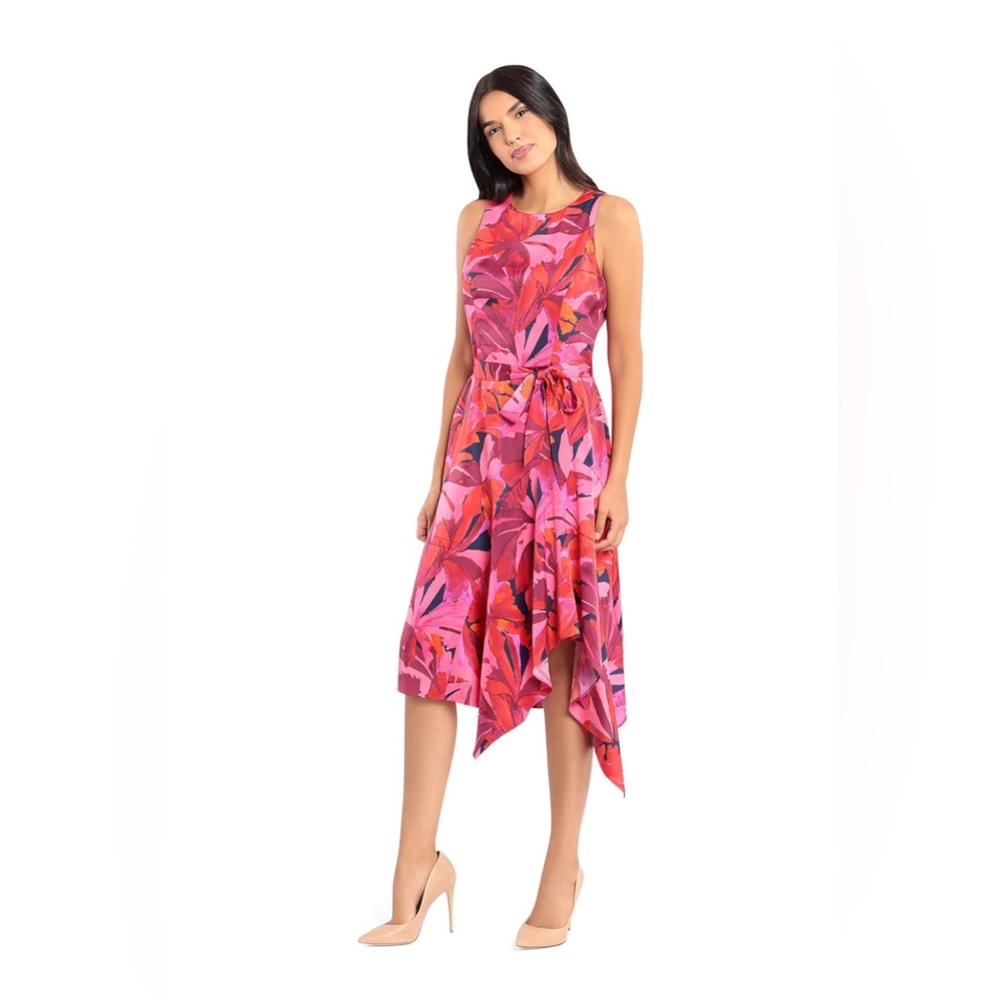 Women's Abstract Leaf Print Asymmetrical Hem Sleeveless Fit Flare Dress